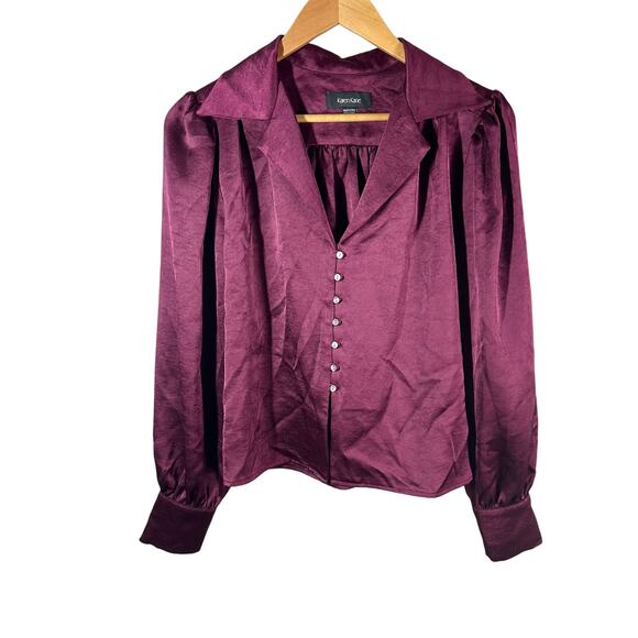 Karen Kane Shirred Blouse Wine Collared Long Sleeve Button Front Large - Picture 2 of 8